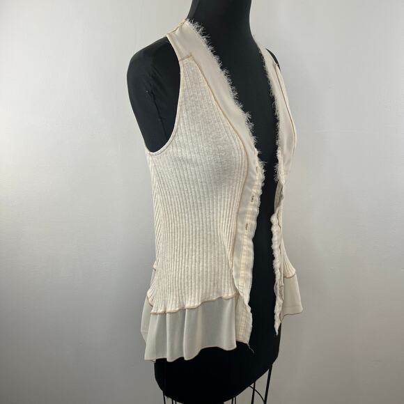 TINY Cream Fringe Semi-Sheer Trim Ribbed Knit Cotton Blend Sleeveless Vest XS? - Picture 5 of 8